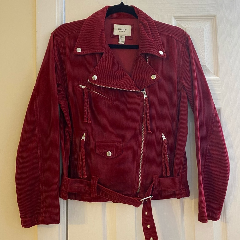 (SOLD) F21 Red Corduroy Moto Jacket ♥️